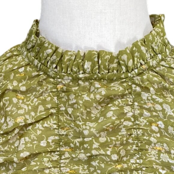 Maison d’ Amélie Boho Floral Green Shirred Ruffle Sheer Cottagecore Blouse-S - Picture 5 of 15